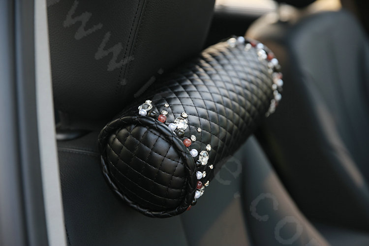 High-grade Rhinestone Car Headrest Genuine Sheepskin Pearl Neck Safety Pillow 1pcs - Black