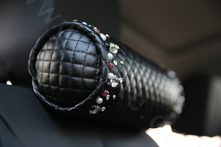 High-grade Rhinestone Car Headrest Genuine Sheepskin Pearl Neck Safety Pillow 1pcs - Black