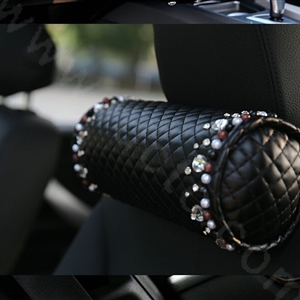 High-grade Rhinestone Car Headrest Genuine Sheepskin Pearl Neck Safety Pillow 1pcs - Black