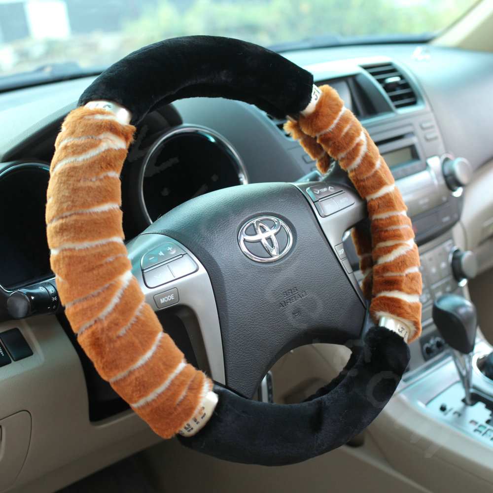 High-grade Zebra Winter Plush Car Steering Wheel Covers 15 inch 38CM - Brown Black