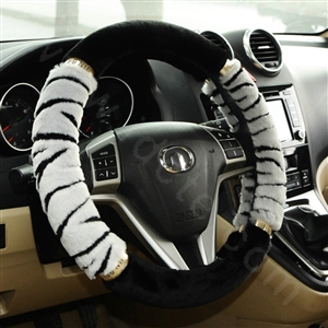 High-grade Zebra Winter Plush Car Steering Wheel Covers 15 inch 38CM - Grey Black
