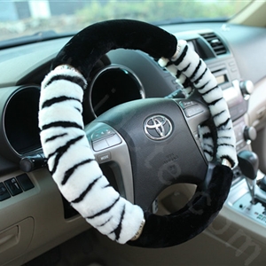 High-grade Zebra Winter Plush Car Steering Wheel Covers 15 inch 38CM - White Black