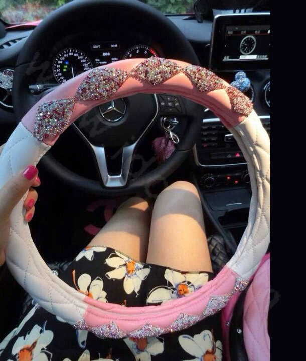 Hot Luxury Women Car Steering Wheel Covers Crystal PU leather 15 inch 38CM - Pink White