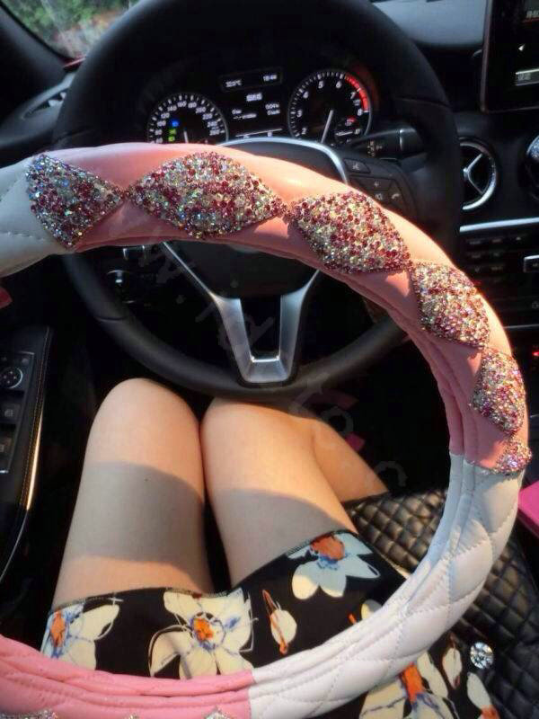 Hot Luxury Women Car Steering Wheel Covers Crystal PU leather 15 inch 38CM - Pink White