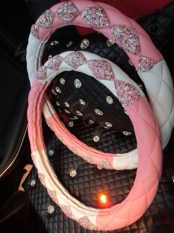 Hot Luxury Women Car Steering Wheel Covers Crystal PU leather 15 inch 38CM - Pink White