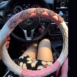 Hot Luxury Women Car Steering Wheel Covers Crystal PU leather 15 inch 38CM - Pink White