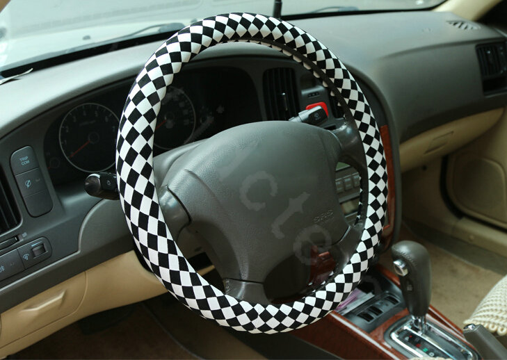 Hot Sales Classic Plaid Flocking Car Steering Wheel Covers 15 inch 38CM - White Black
