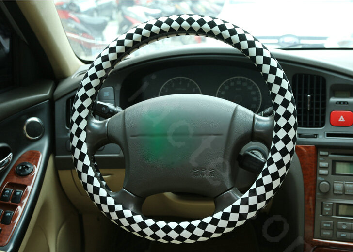 Hot Sales Classic Plaid Flocking Car Steering Wheel Covers 15 inch 38CM - White Black