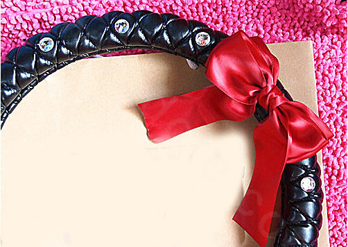 Hot sales Bowknot Rhinestone Genuine Leather Car Steering Wheel Covers 15 inch 38CM - Black