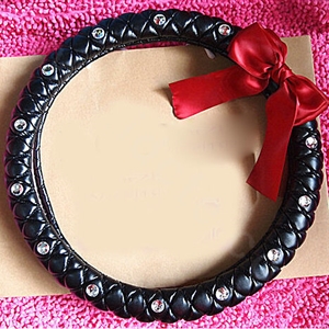 Hot sales Bowknot Rhinestone Genuine Leather Car Steering Wheel Covers 15 inch 38CM - Black