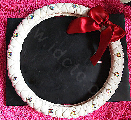 Hot sales Bowknot Rhinestone Genuine Leather Car Steering Wheel Covers 15 inch 38CM - White