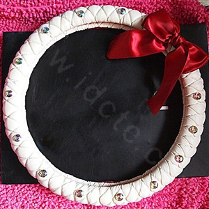 Hot sales Bowknot Rhinestone Genuine Leather Car Steering Wheel Covers 15 inch 38CM - White