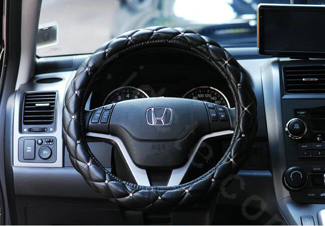 Hot sales Diamond Genuine Leather Grip Auto Steering Wheel Covers 14 inch 36CM - Black