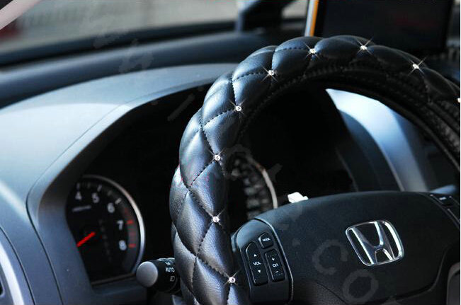 Hot sales Diamond Genuine Leather Grip Auto Steering Wheel Covers 14 inch 36CM - Black