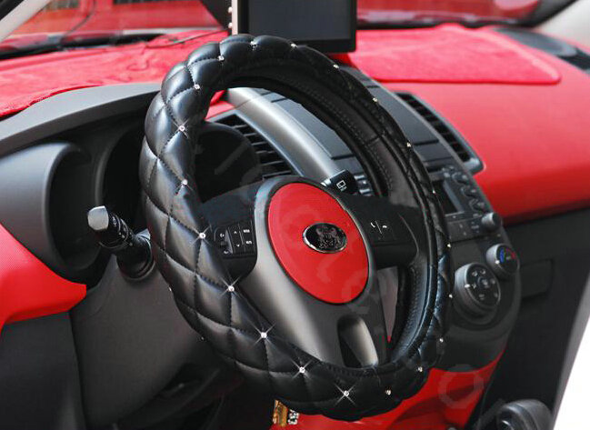 Hot sales Diamond Genuine Leather Grip Auto Steering Wheel Covers 15 inch 38CM - Black