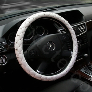 Hot sales Diamond Genuine Leather Grip Auto Steering Wheel Covers 15 inch 38CM - White