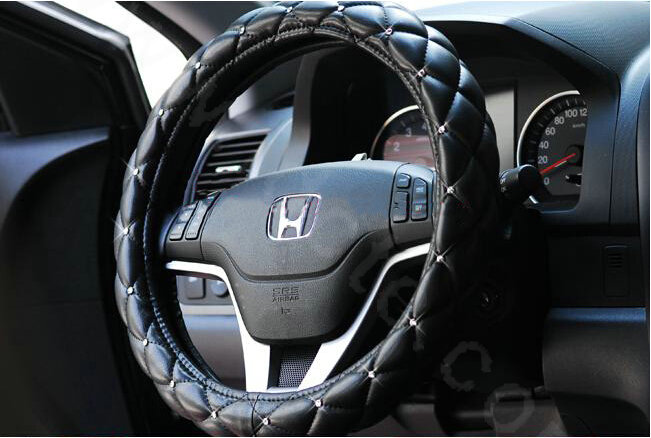 Hot sales Diamond Genuine Leather Grip Auto Steering Wheel Covers 16 inch 40CM - Black