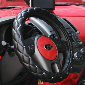 Hot sales Diamond Genuine Leather Grip Auto Steering Wheel Covers 16 inch 40CM - Black