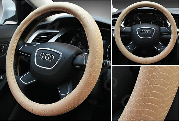 Hot sales Man Genuine Leather Snake Print Car Steering Wheel Covers 15 inch 38CM - Beige