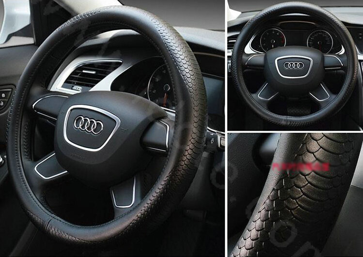 Hot sales Man Genuine Leather Snake Print Car Steering Wheel Covers 15 inch 38CM - Black