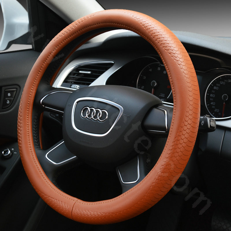 Hot sales Man Genuine Leather Snake Print Car Steering Wheel Covers 15 inch 38CM - Brown