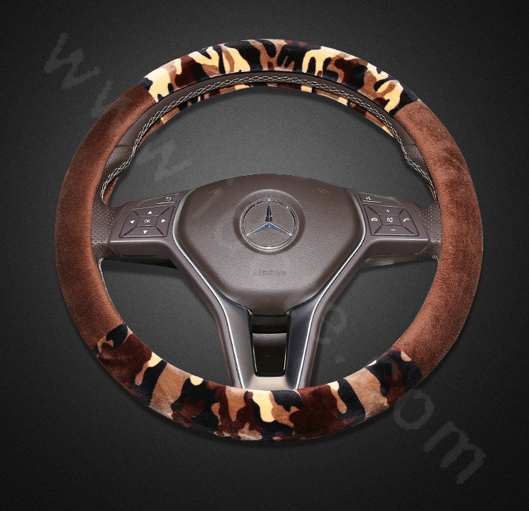 Hot sales Man Winter Plush Camo Car Steering Wheel Covers 15 inch 38CM - Brown