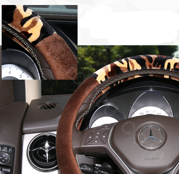 Hot sales Man Winter Plush Camo Car Steering Wheel Covers 15 inch 38CM - Brown