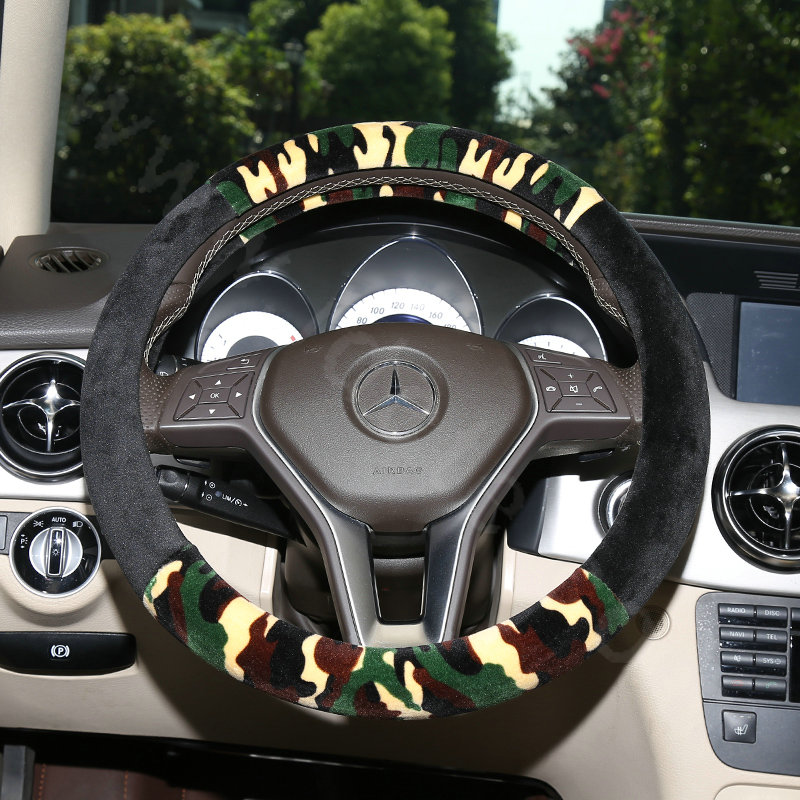 Hot sales Man Winter Plush Camo Car Steering Wheel Covers 15 inch 38CM - Green
