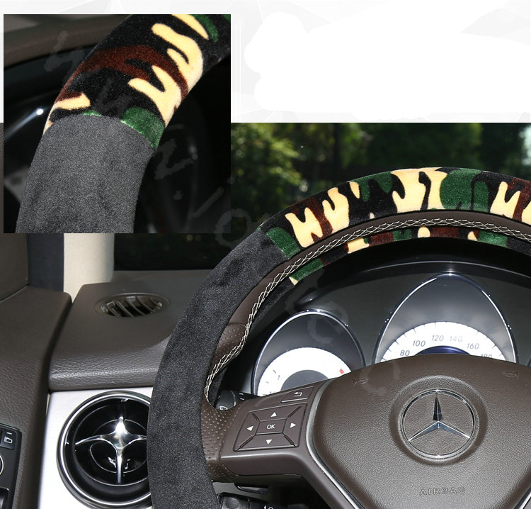Hot sales Man Winter Plush Camo Car Steering Wheel Covers 15 inch 38CM - Green