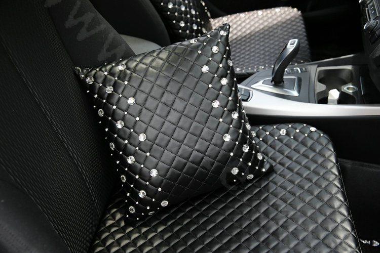 Hot sales Rhinestone Auto Lumbar Pillow Genuine Sheepskin Support Cushion 1pcs - Black