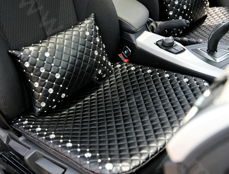 Hot sales Rhinestone Auto Lumbar Pillow Genuine Sheepskin Support Cushion 1pcs - Black