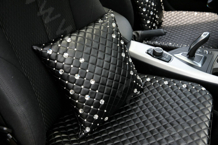 Hot sales Rhinestone Auto Lumbar Pillow Genuine Sheepskin Support Cushion 1pcs - Black