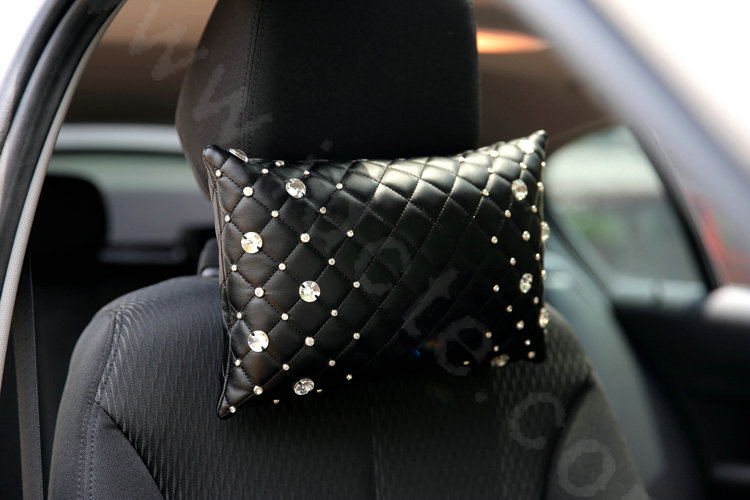 Hot sales Rhinestone Genuine Sheepskin Auto Neck Safety Pillow Car Decoration 1pcs - Black