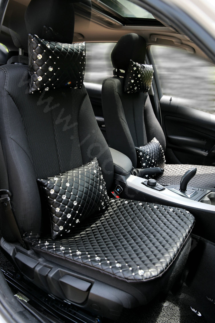 Hot sales Rhinestone Genuine Sheepskin Auto Neck Safety Pillow Car Decoration 1pcs - Black