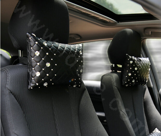 Hot sales Rhinestone Genuine Sheepskin Auto Neck Safety Pillow Car Decoration 1pcs - Black