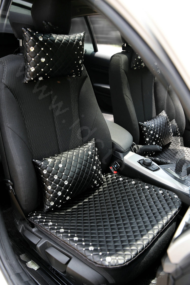 Hot sales Rhinestone Genuine Sheepskin Auto Neck Safety Pillow Car Decoration 1pcs - Black