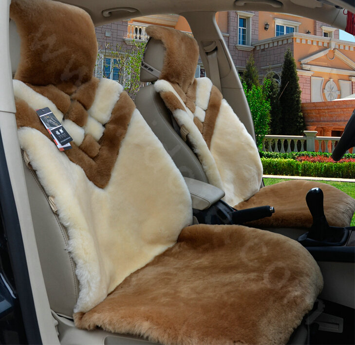 Hot sales Whole Fur Wool Auto Cushion Universal Genuine Sheepskin Car Seat Covers 6pcs Sets - Camel
