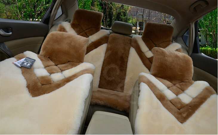 Hot sales Whole Fur Wool Auto Cushion Universal Genuine Sheepskin Car Seat Covers 6pcs Sets - Camel