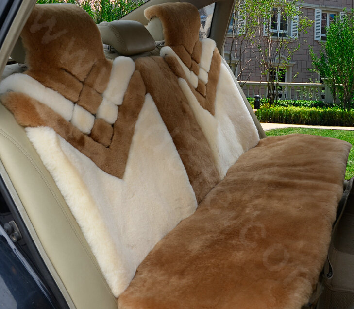 Hot sales Whole Fur Wool Auto Cushion Universal Genuine Sheepskin Car Seat Covers 6pcs Sets - Camel
