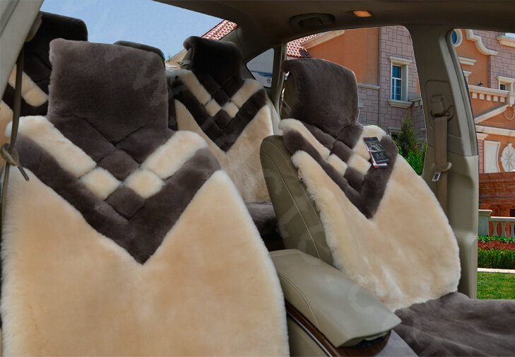 Hot sales Whole Fur Wool Auto Cushion Universal Genuine Sheepskin Car Seat Covers 6pcs Sets - Grey