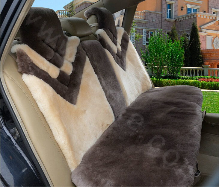 Hot sales Whole Fur Wool Auto Cushion Universal Genuine Sheepskin Car Seat Covers 6pcs Sets - Grey