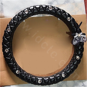 Long Ear Rabbit Diamond Car Steering Wheel Covers Genuine Leather 15 inch 38CM - Black