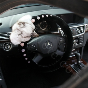 Luxurious Genuine Wool Fox Fur Crystal Auto Steering Wheel Covers 14 inch 36CM - Black