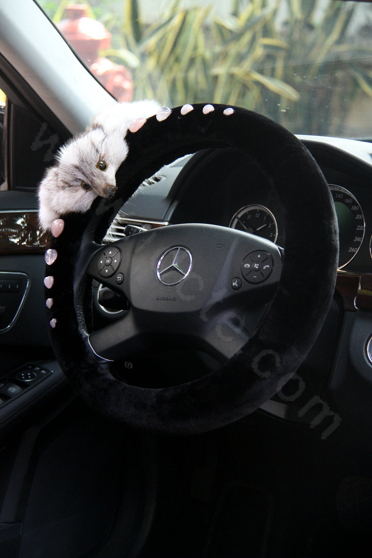 Luxurious Genuine Wool Fox Fur Crystal Auto Steering Wheel Covers 15 inch 38CM - Black