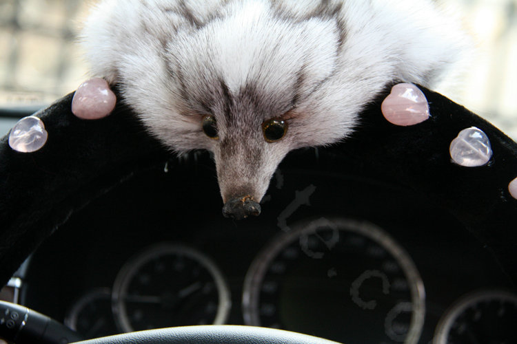 Luxurious Genuine Wool Fox Fur Crystal Auto Steering Wheel Covers 15 inch 38CM - Black