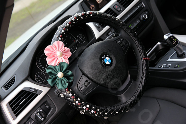 Luxury Crystal Beads Flower Grip Steering Wheel Covers Female Genuine Leather 15 inch 38CM - Black