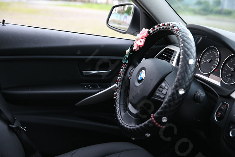 Luxury Crystal Beads Flower Grip Steering Wheel Covers Female Genuine Leather 15 inch 38CM - Black
