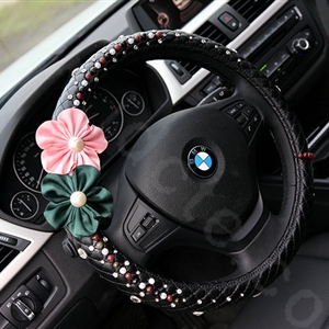 Luxury Crystal Beads Flower Grip Steering Wheel Covers Female Genuine Leather 15 inch 38CM - Black