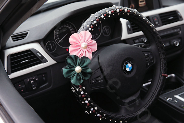 Luxury Crystal Beads Pearl Flower Car Steering Wheel Covers Genuine Leather 14 inch 36CM - Black