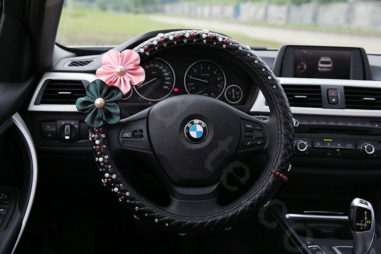 Luxury Crystal Beads Pearl Flower Car Steering Wheel Covers Genuine Leather 14 inch 36CM - Black